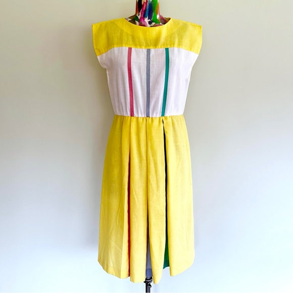 Vintage Dresses & Skirts - ☀️VINTAGE Color Block Yellow Linen Handmade Day Dress